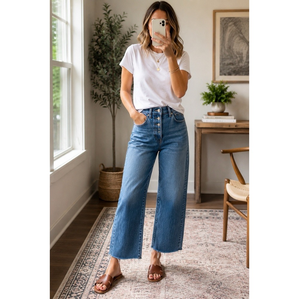 Madewell Perfect Vintage Wide Leg Jeans 24 N1948 High Rise Button Fly Raw Hem